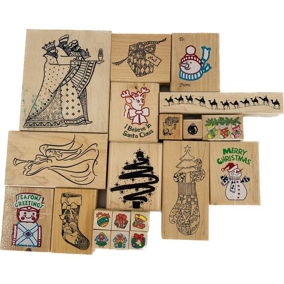 Rubber Stamp Lot Of 20 Christmas  Snowman Tree Wisemen Stocking Angel Reindeer - Picture 1 of 16